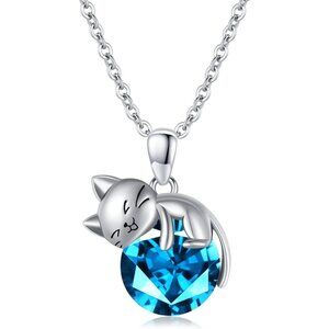Women's Silver Blue Birthstone Beautiful Chain High Quality Pendant Cat Necklace